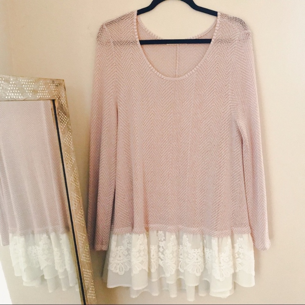 ENTRO PINK LACE TUNIC SWEATER SZ L